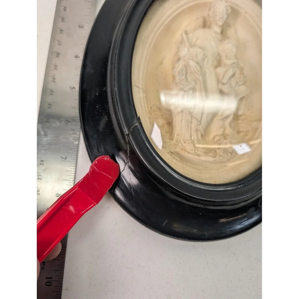 Vintage Guardian Angel Child Oval Relief Wall Plaque Black Frame Christian Decor